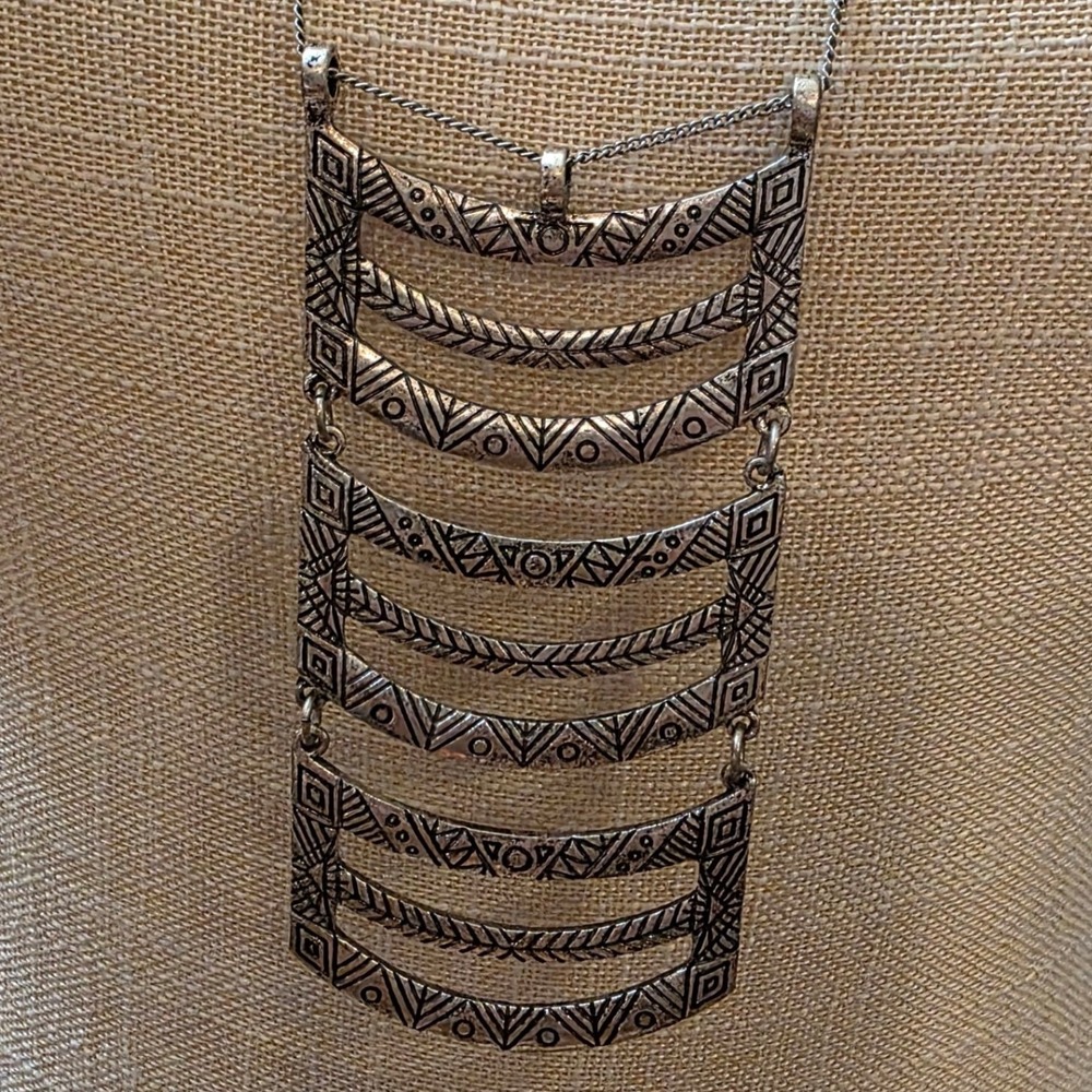 Boho Bib Statement Necklace Tribal Geometric Pattern Silver Tone Choker Extender